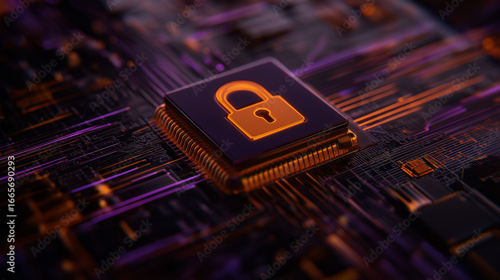 Poster a close up of a cpu with a padlock symbol for security on a circuit board
