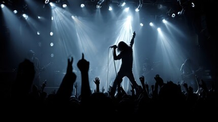 Silhouette of a performer on stage, bathed in spotlight, with an enthusiastic crowd of concertgoers.