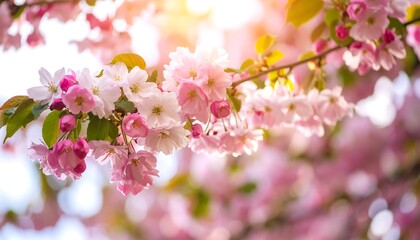 Fototapeta premium Delicate pink and white blossoms adorn a spring branch, bathed in sunlight, creating a beautiful springtime scene.