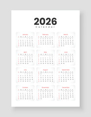 Calendar Design 2026, Minimalist Style Calendar, Week Starts Sunday, One Page A4 Business Design Planner Template.