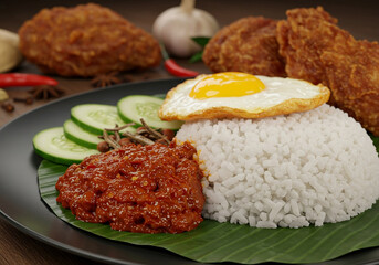 Traditional Malaysian nasi lemak with sambal, fried chicken, sunny-side-up egg, cucumber slices, anchovies, peanuts, and rice served on banana leaf.