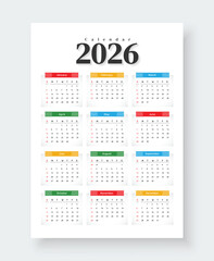 Calendar Design 2026, Minimalist Style Calendar, Week Starts Sunday, One Page A4 Business Design Planner Template.
