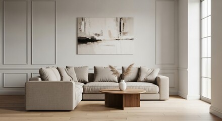 Elegant living room scene with modern sofa and neutral color art