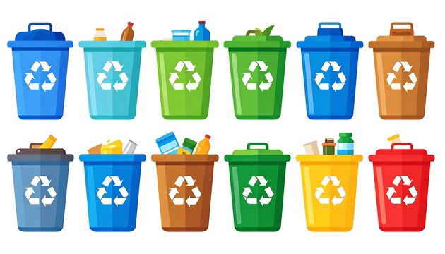 Colorful recycling bins in various colors with assorted trash items inside showcase different recycling categories.