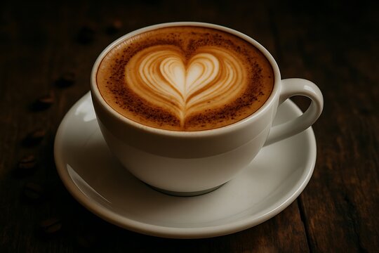Close up of white coffee cup with latte art heart on dark wood table saucer