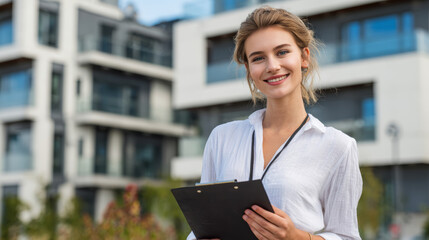 Smiling woman holding clipboard, standing outdoors in front of modern apartment building, professional, confident, urban, daytime