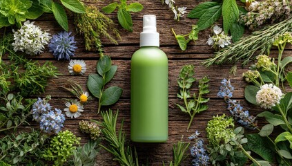 A green spray bottle sits amidst a vibrant array of fresh herbs and flowers on a weathered wooden surface