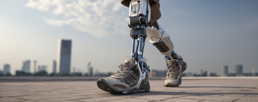 Prosthetic leg technology walking outdoor city modern artificial limb mobility innovation independence confidence pavement urban sky cloud shoe