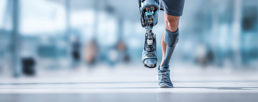 Prosthetic leg technology athlete running futuristic active artificial limb motivation determined athlete with prosthetic leg runs modern track