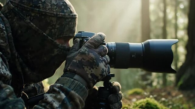A patient wildlife photographer with a large telephoto lens, camouflaged in a forest, waiting for the perfect shot, a concept for dedication.