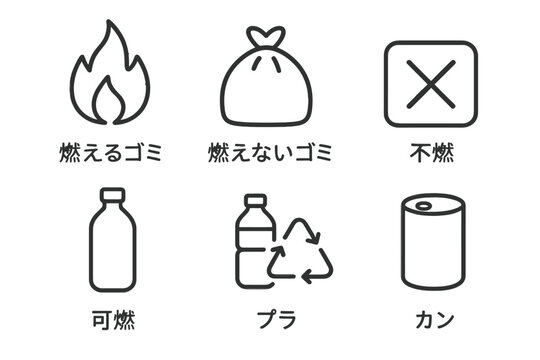 A clear visual guide featuring essential Japanese icons for waste sorting and recycling, promoting environmental responsibility and proper disposal methods.