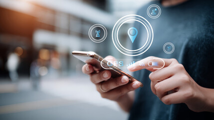 Woman hand smartphone touchscreen location icon technology city outdoor navigation Modern woman hand using smartphone touchscreen with location