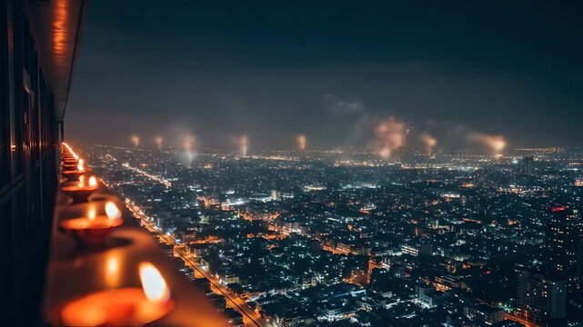 Diwali night cityscape with fireworks over lit city. Celebrate Deepavali with candles overlooking an illuminated metropolis, ideal for holiday promos and cultural stories.