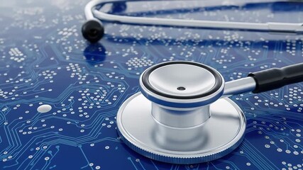 A stethoscope rests on a vibrant blue circuit board suggesting a blend of medical science and advanced technology digital healthcare or health tech advancement - Powered by Adobe