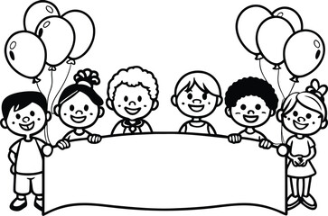Diverse group of children holding a banner with balloons black and white