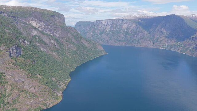  Scenic view of Aurlandsfjord from Stegastein viewpoint in Aurland, Norway