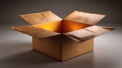 Brown open cardboard box with a golden ribbon
