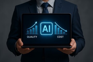 Person in dark suit holding tablet showing A I improving quality and reducing cost artificial intelligence
