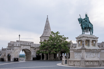 Budapest, Hungary – View of the equestrian statue of Stephen I of Hungary at Halászbástya...