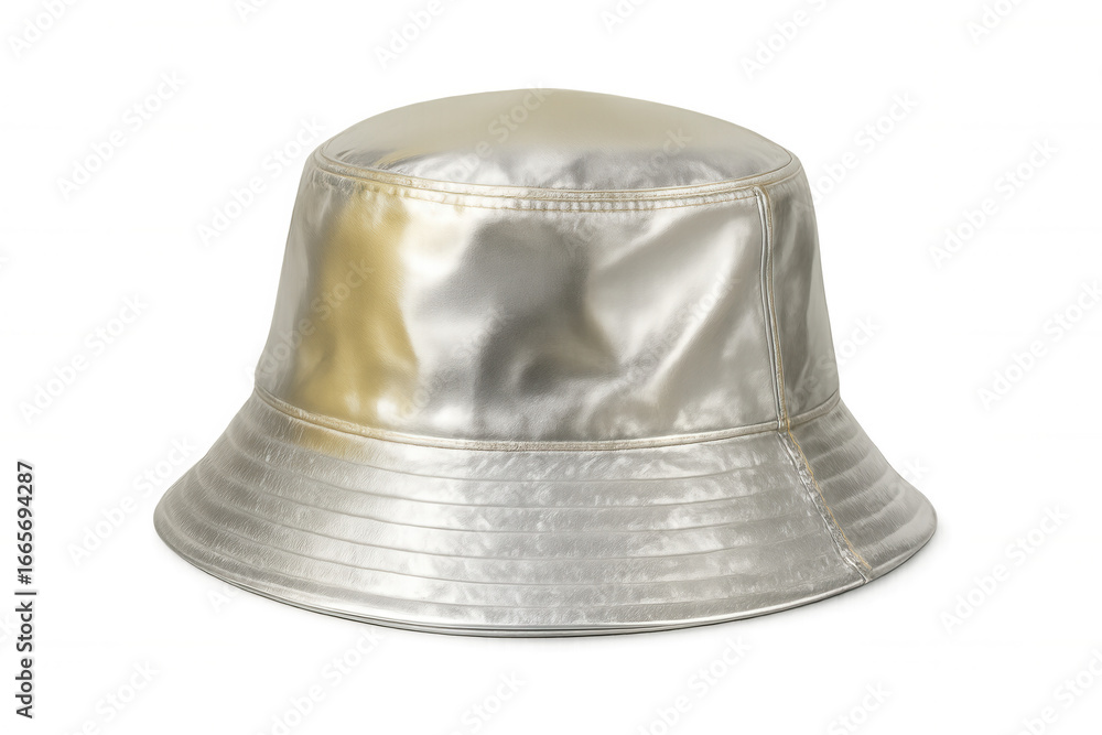 Poster silver bucket hat displaying contemporary summer style, floating against transparent backdrop with c