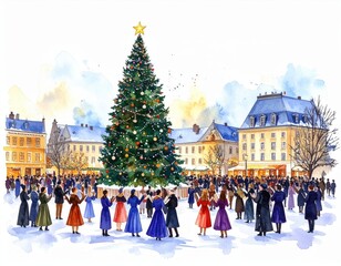 Obraz premium Watercolor depiction of a joyous Christmas gathering in a festive town square