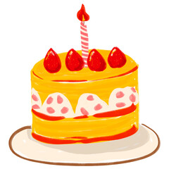 Yellow birthday cake with candles and strawberry on top. Coquette style cake for design, sticker, element, etc.