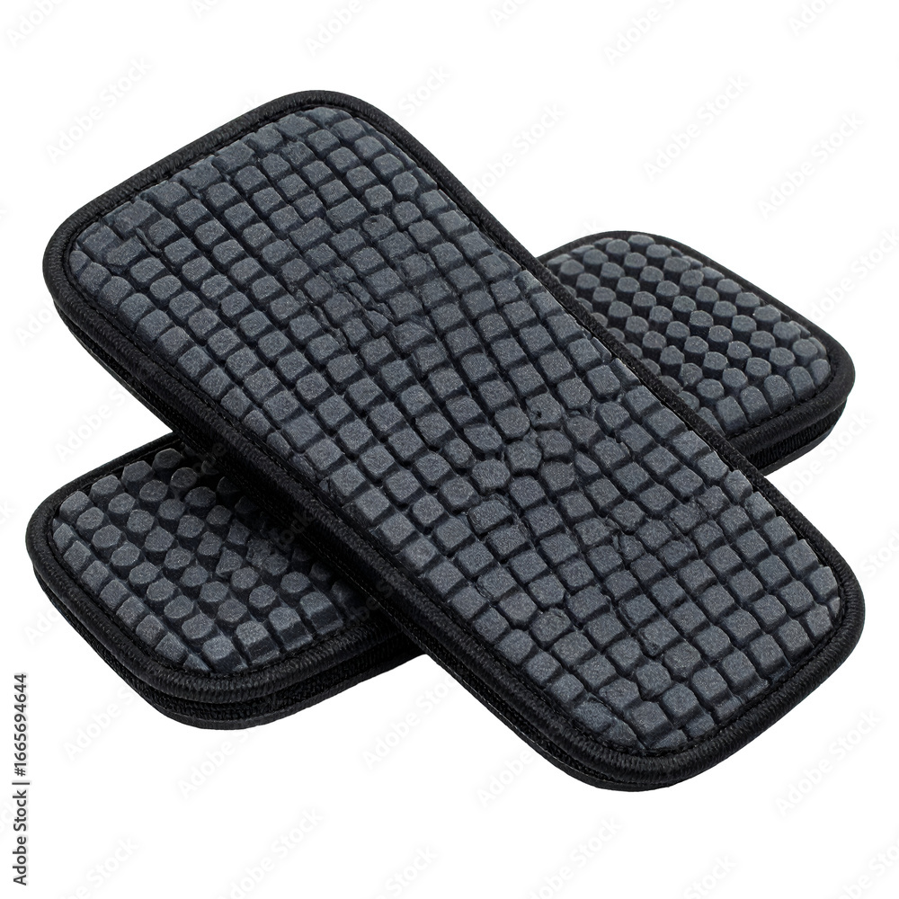 Poster pair of textured dark grey protective pads with grid pattern for enhanced grip and impact absorption