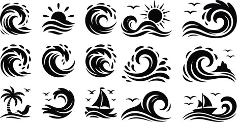 Fototapeta premium Vector Set of Black and White Sea Waves Sun and Sailboat Icons