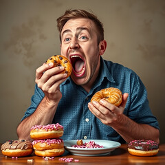 Man Overeating Sweets and Donuts, Gluttony Concept