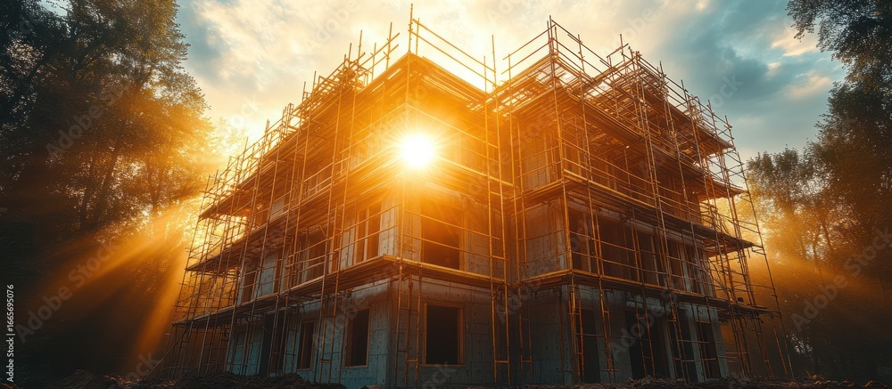 Poster building under construction with scaffolding at sunset.
