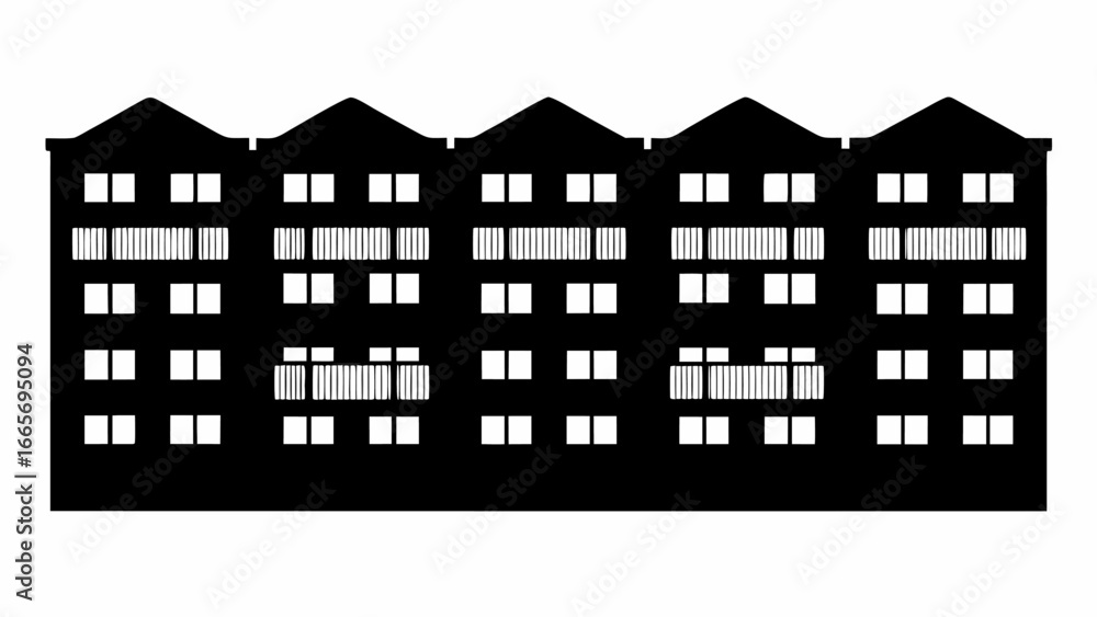 Poster silhouette of a multi story apartment building with multiple windows and balconies in black and whit