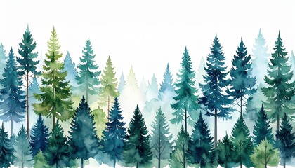 Fototapeta premium Watercolor painting of a forest with different shades of green and blue trees