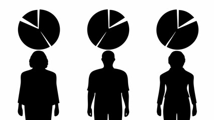 Three silhouettes of people with pie charts above their heads representing data or statistics concept