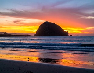 Stunning sunset over a beach with a rock formation