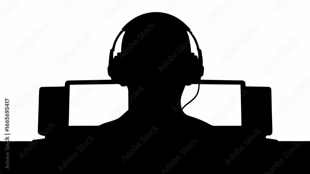 Poster silhouette of a person with headphones in front of two monitors against a white background in a stud