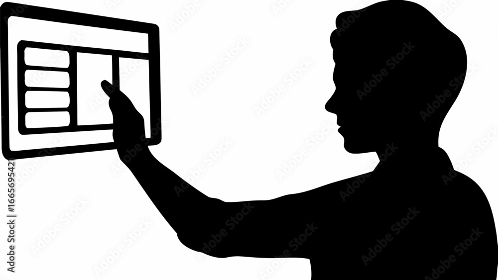 Poster silhouette of person interacting with a touchscreen interface with menu options and a display area p