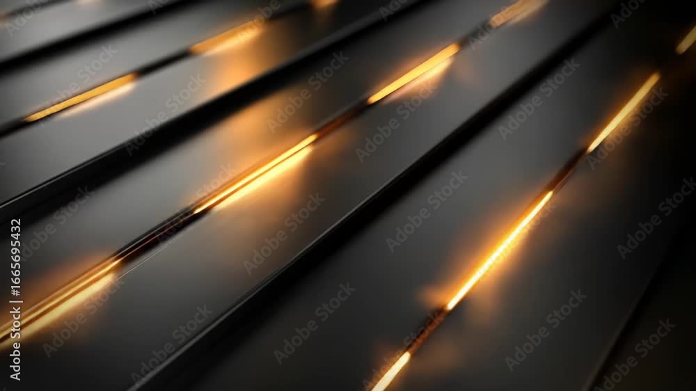Poster glowing lines on black metallic slats: a dynamic abstract animation