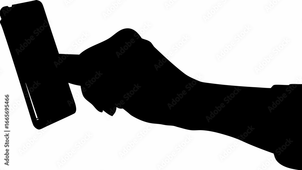 Poster silhouette of a hand holding a smartphone with a visible screen against a white background image vie