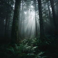 Obraz premium Ethereal Forest Sunlight Streaming Through Tall Trees and Green Ferns