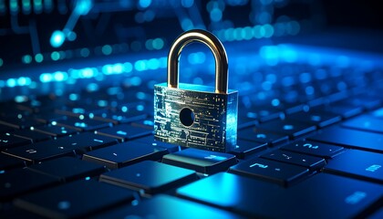 A gold padlock with circuit board design rests on a dark keyboard, illuminated by cool blue light, symbolizing digital security and protection.