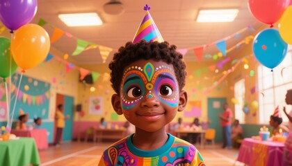 Happy black boy with face paint celebrating birthday in festive room, african boy with face paint at birthday