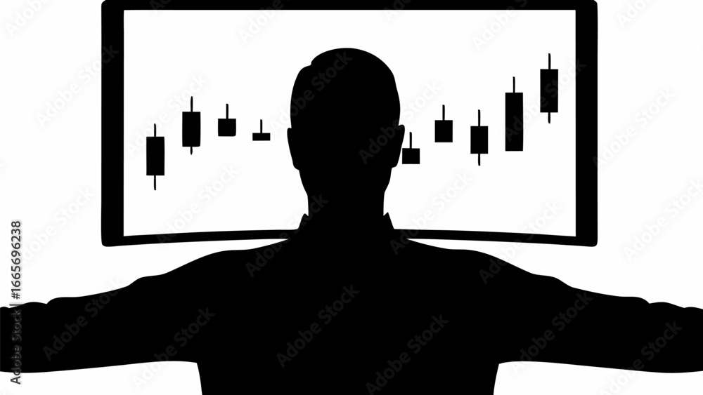 Poster silhouette of person facing a screen displaying a candlestick chart with financial data shown clearl