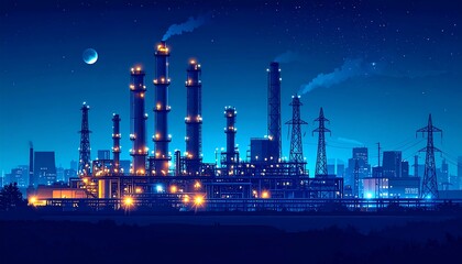Fototapeta premium A vibrant nighttime cityscape showcases a large industrial complex, illuminated by numerous lights, against a backdrop of a dark blue sky filled with stars and a crescent moon.