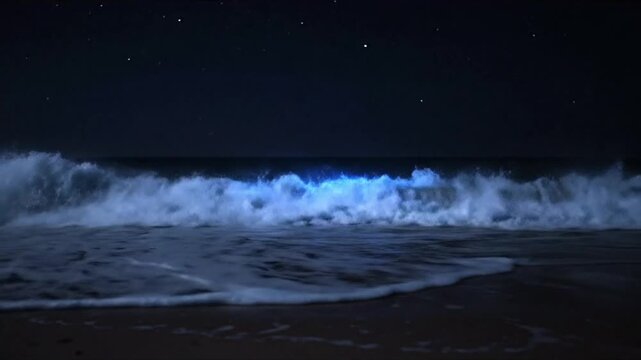 A stunning shot of a bioluminescent wave crashing on a beach at night, with the plankton glowing a magical, electric blue color.