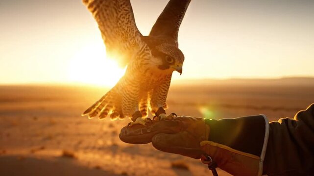 A majestic shot of a falconer's gloved hand, with a peregrine falcon landing, a concept for tradition, partnership, and precision.