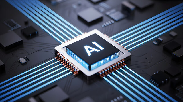 A close up view of an ai microchip with blue light trails on a dark circuit board background design