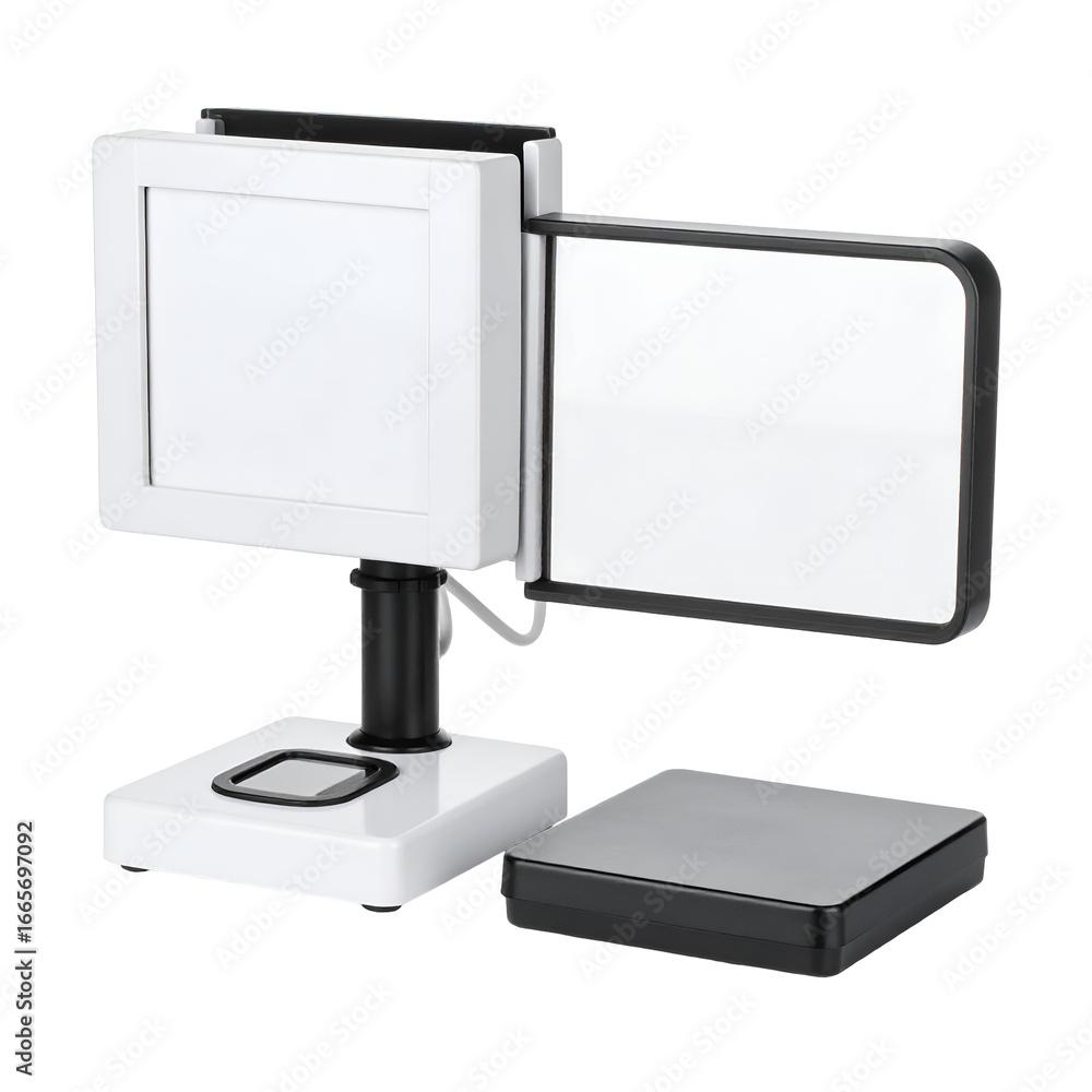 Poster modern portable dual monitor display system with adjustable screens and blank white surfaces for dig