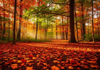 Obraz premium Autumn Forest Path with Sunlight and Colorful Leaves.