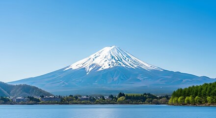 Majestic Mount Fuji with Snow Cap Over a Lake and Town Japan volcano