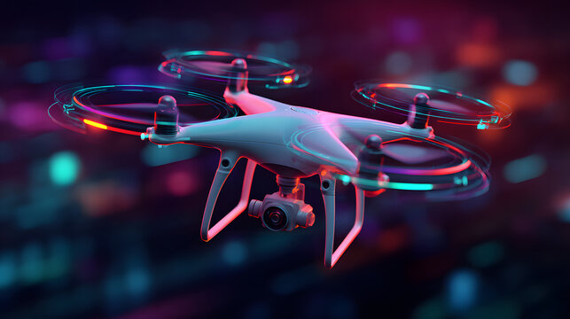 Futuristic neon drones with holographic elements flying in a digital cyberpunk cityscape